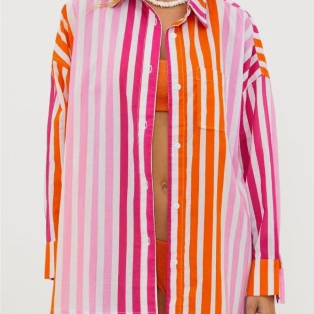 Beach Riot pink and orangegenstripe longsleeve button downn shirt size Large EUC